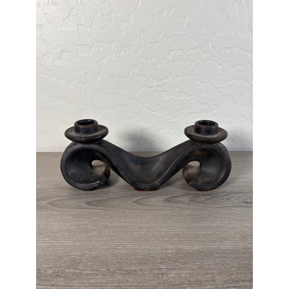 Vintage Brutalist Cast Iron Double Taper Candle Holder Scroll Design Black Metal